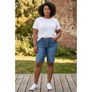 Gap Women Blue Denim Bermuda Shorts High Rise Button Fly Raw Hem Size 16